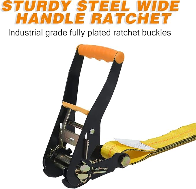 Heavy Duty Adjustable Car Tie Down Kit with Snap Hooks -Break Strength 10,000 lbs-Working Load 3333 lbs-Bonus Includes 4 Pack 36" Axle Straps with D-Ring(Yellow)