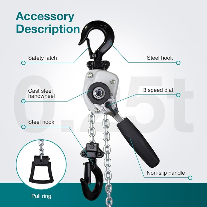 TOYO Mini Chain Hoist 550lb,5 ft Lever Hoist 1/4 ton mini Puller 1.5 M Lever Chain Hoist with 2 Heavy Duty Hook for Warehouse Garages Building Automotive Machinery (550Lb 5Ft)