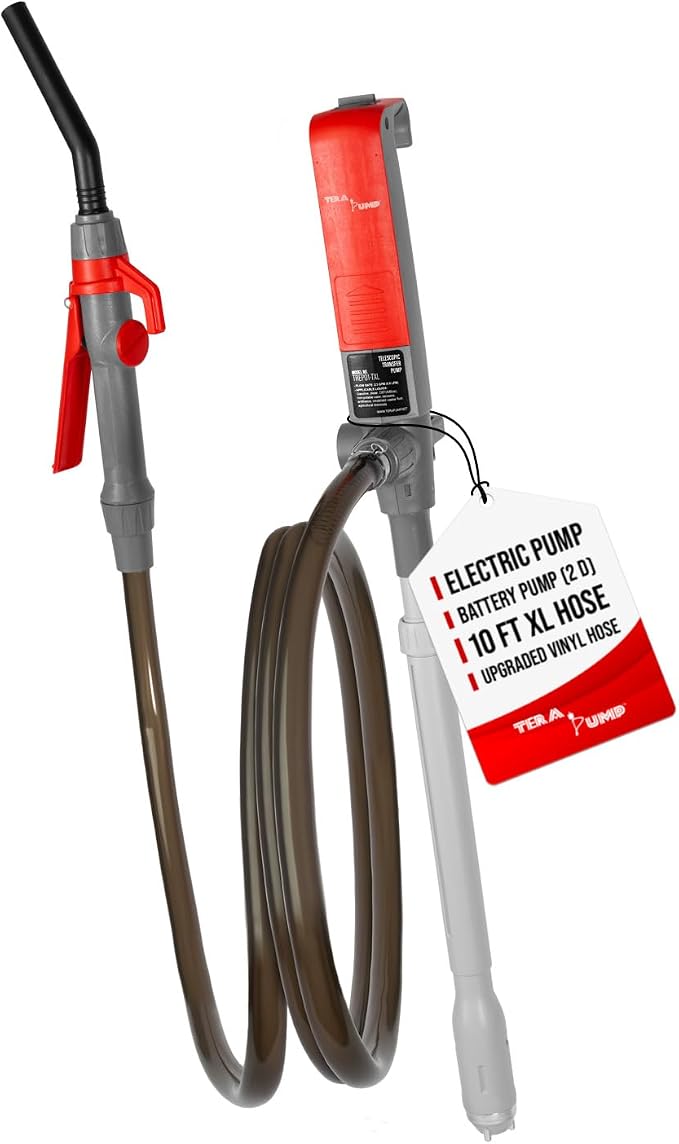 TeraPump 2nd Gen. TREP01-TXL E85 Electric Gas Transfer Pump - 2D Battery, 2.3 GPM, 10ft Upgraded Vinyl Hose with Quick Stop Flow Control for E15, Gas, Diesel, DEF