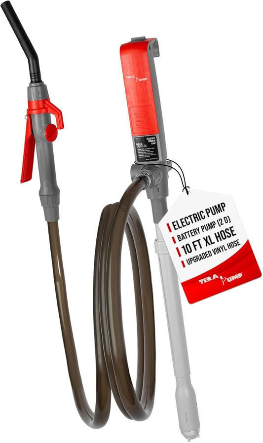 TeraPump 2nd Gen. TREP01-TXL E85 Electric Gas Transfer Pump - 2D Battery, 2.3 GPM, 10ft Upgraded Vinyl Hose with Quick Stop Flow Control for E15, Gas, Diesel, DEF