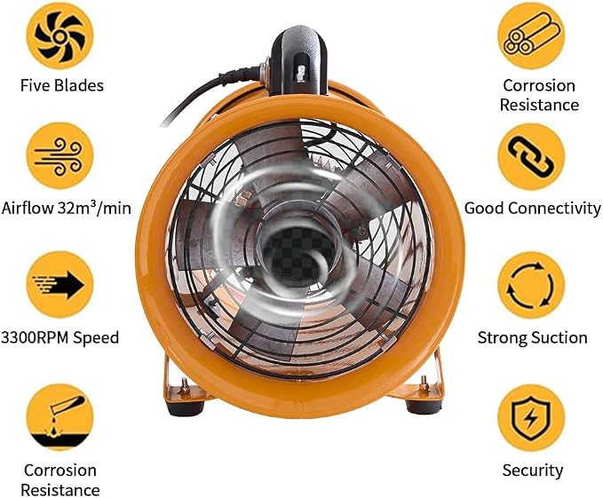 8-Inch Industrial Portable Air Blower Ventilator, 3300 CFM Heavy-Duty Tube Exhaust Fan, 250W High-Velocity Low-Noise Air Mover for Extraction, Ventilation (8 Inch Blower Fan)