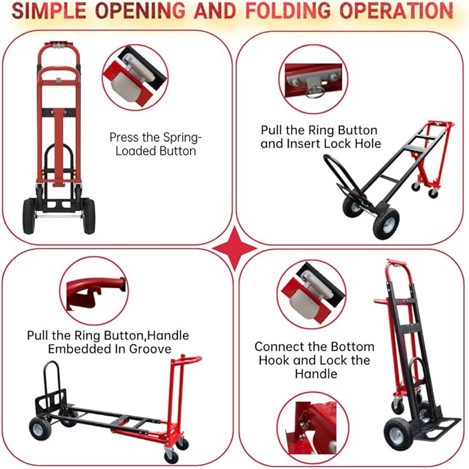 Suzhi Convertible Hand Truck Dolly Cart Heavy Duty/with 4 Wheels,Industrial Grade,1000 Lbs Load, 2 Straps for Moving Furniture/Appliance/Carton/Warehouse/Office / 10 Minutes' Install as Video