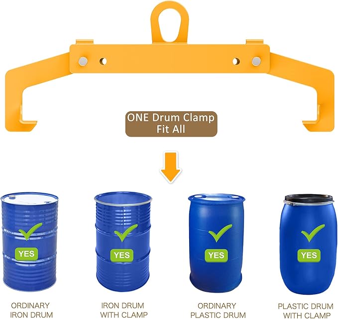 Vertical Drum Clamp - Lifter for 55 Gallon Steel & Plastic Drums - One Clamp Fits All - 1100 Lbs Capacity