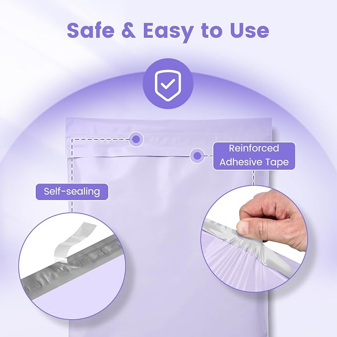 Metronic Poly Mailers 12x15.5 50PC Shipping Bags for Clothing, Self-Seal Waterproof Poly Bags Shipping Envelopes, Durable Plastic Package Mailing Bags for Small Business, Lilac Purple