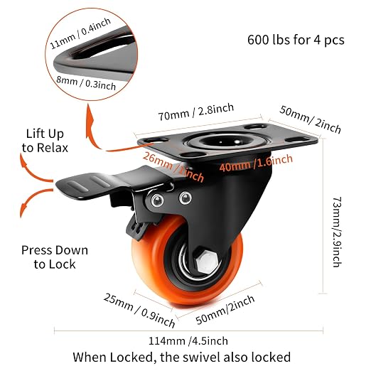 Caster Wheels- 2 Inch Casters Set of 4 Heavy Duty, TAYLOON Locking Industrial Casters with No Noise Polyurethane Wheels, Swivel Plate Casters for Furniture and Workbench - Set of 4 (Free Screws)