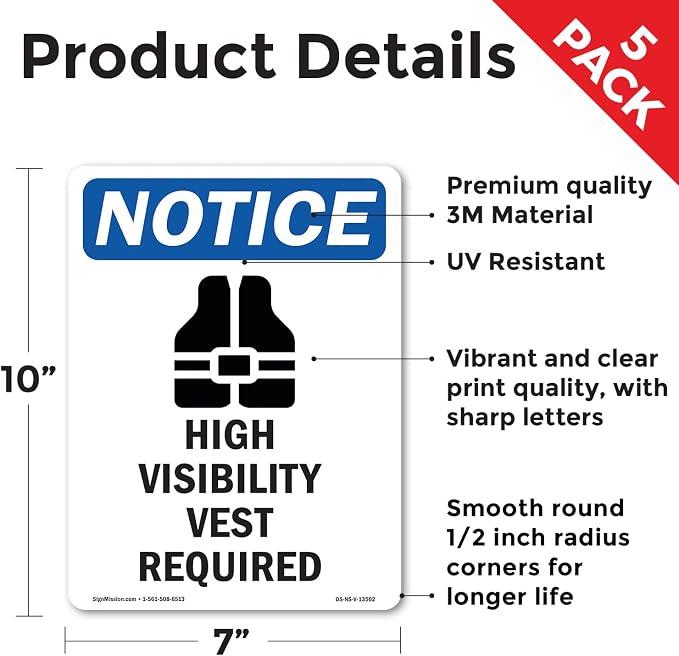 High Visibility Vest With Symbol OSHA Notice Vinyl Decal Label 10 Inch x 7 Inch - 5 Pack