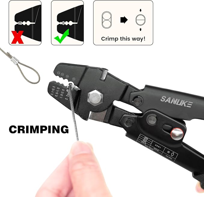Sanuke Wire Rope Crimping Tool for 3/64 5/64 1/16 Wire Rope with 3 Sizes Stainless Steel Cable, 150pcs Crimping Loop Sleeves, 10pcs Thimbles and A Portable Bag