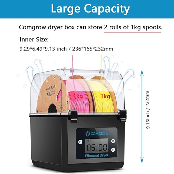 Comgrow 3D Printer Filament Dryer Box, Comgrow 3D Filament Storages, Keeping Filaments Dry During 3D Printing, Compatible with 1.75mm/2.85mm PLA ABS Material, Filament Dehydrator, Spool Holder
