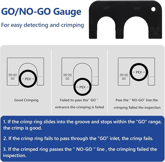 1/2" & 3/4" Combo PEX Crimping Tool for Copper Crimp Rings | with Go/No-Go Gauge, ASTM F1807 Standard Compliant