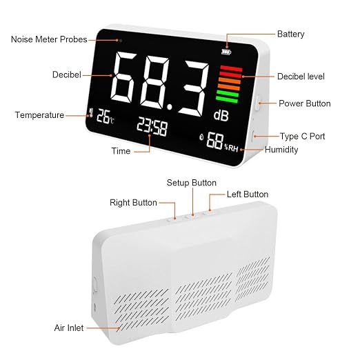 Digital Decibel Meter, 30-130dBA Desktop Digital Sound Level Meter with Temp Humidity Detection, DM219N Noise Time Temperature Humidity Meter for Classroom, Studio, Home, Factory, Library