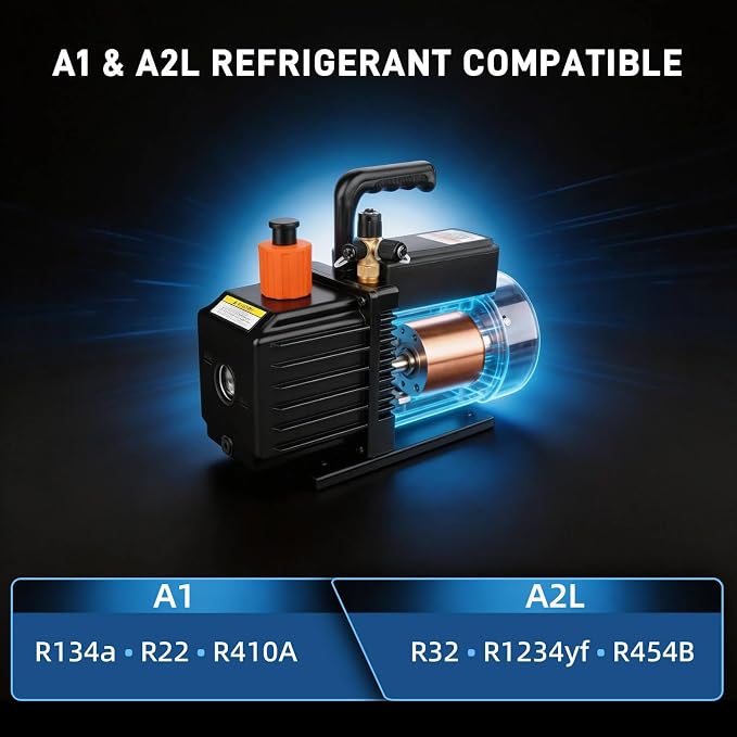 5 CFM 1/2 HP 2 Stage HVAC Vacuum Pump, Sparkless for A1 & A2L Refrigerants (R32, R1234yf, R134a, R22, R410A), 0.3 Pa Ultimate Vacuum HVAC & Automotive AC Systems