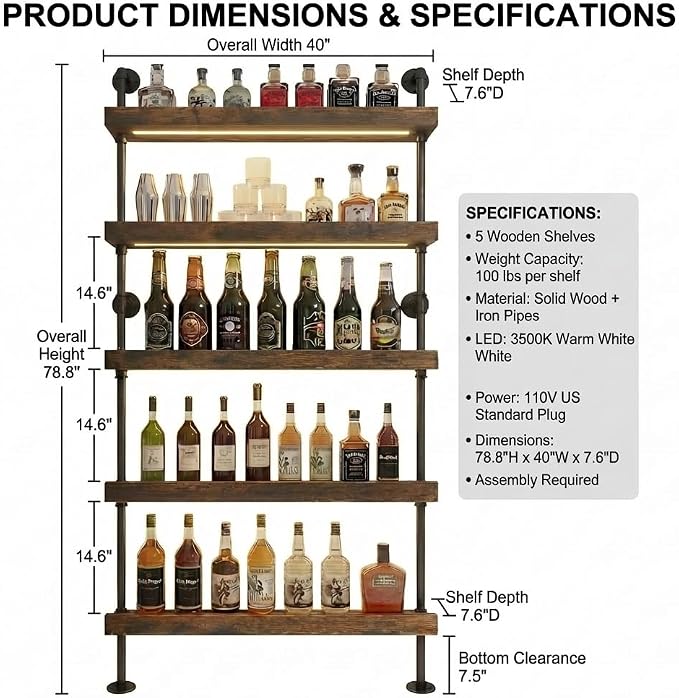 5-Tier Wall Mounted Wine Rack with LED, Industrial Pipe Bar Shelf for Wine Bottle Storage, Industrial Pipe Shelves Shelf Shelving for Home Bar Dining Room Kitchen (40INCH-LED)