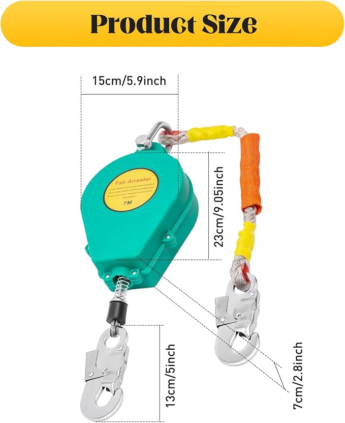Self Retracting Lifeline, 23ft Fall Protection with Double Braking System, 330 lbs Capacity, Alloy Steel Hook & Anti-Twist Cable for High-Altitude Safety