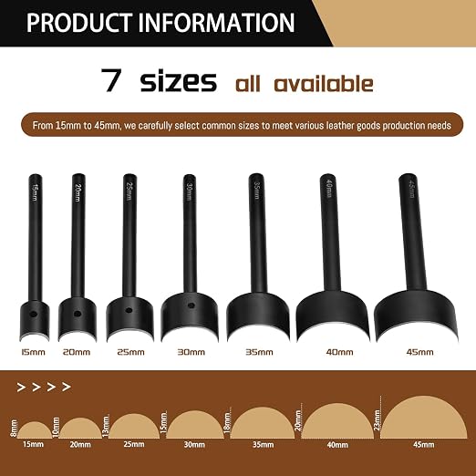 7 Sizes Leather Corner Punch, Half-Round Punch Set, Leather Belt Cutter End Punch Tool, Belt Cutting Tool, Leatherworking Tools for Strap Belts, Wallet, Bags (From15mm to 45mm)