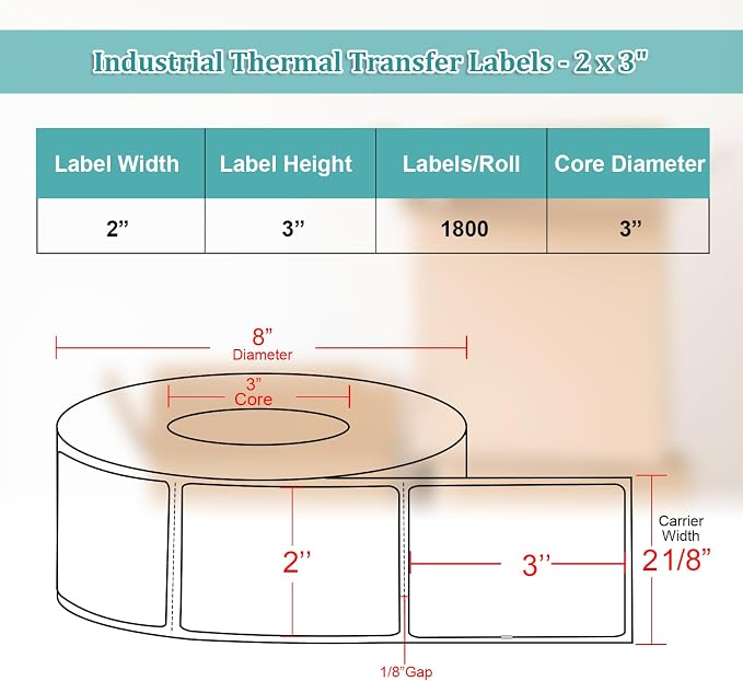 Industrial Thermal Transfer Labels, 2 x 3 Inches, 3 Inch Core, 1,800 Labels/Roll- 1 Rolls/Case, Perforated, Ribbon Required, for Thermal Transfer Printers