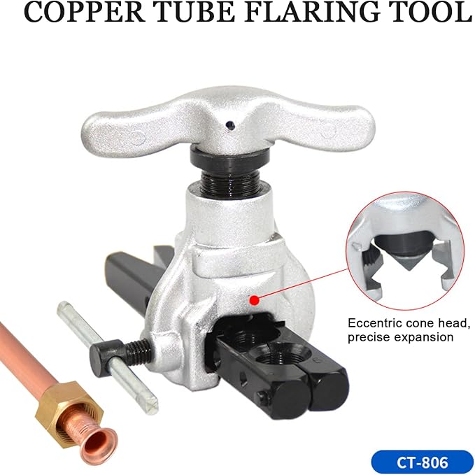 Flaring Tool Kit 3/16”-3/4” and 5-19mm, Single 45° 7 Dies Eccentric Tubing Flare Tool with Clutch Deburring Tool Cutter for Copper Pipe Tube(5 in 1 Set)