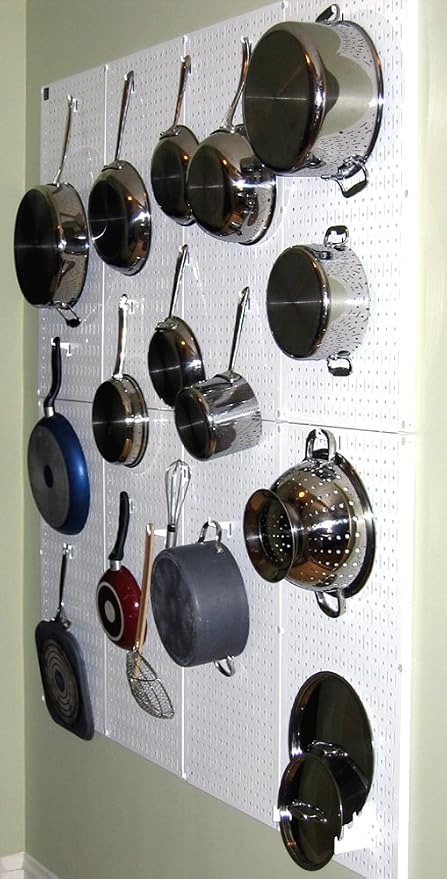 Wall Control Kitchen Pegboard Organizer Pots and Pans Storage Rack Organization Kit with White Pegboard and White Accessories