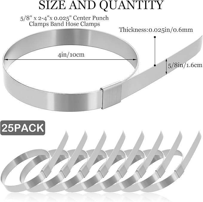 Duraaamo 25 Pack 5/8" Wide x 4" Diameter x 0.025" Thick Center Punch Clamps Band Hose Clamps 201 Stainless Steel Pre-formed for Hose Ducting Pipe Cable Management & More