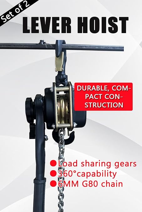 Lever Chain Hoist 2200LBS 5FT 2 Units Set 1T 1,5M Lever Chain Hoist 1 ton Commercial Portable Hooks for Building Garages Warehouse Automotive Machinery【1T/1.5m*2units】