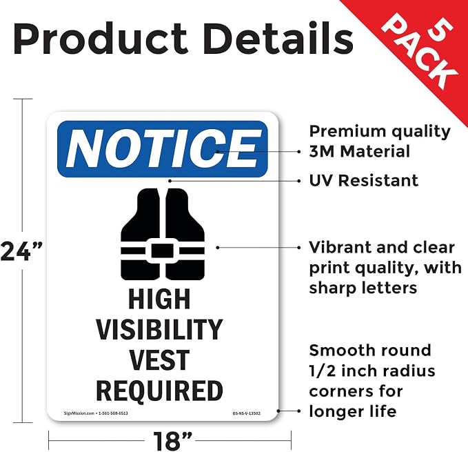 High Visibility Vest With Symbol OSHA Notice Vinyl Decal Label 24 Inch x 18 Inch - 5 Pack