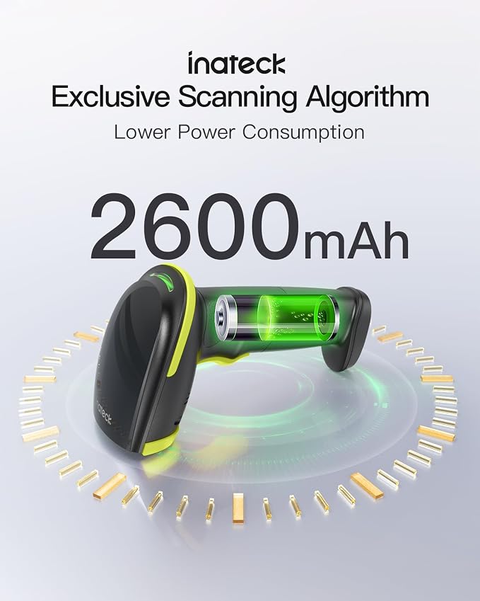 Inateck 2D Barcode Scanner, Wireless Bluetooth QR Barcode Scanner, Handheld Scanner with APP and SDK, 1 Charge for 3 Months, BCST-23 Green
