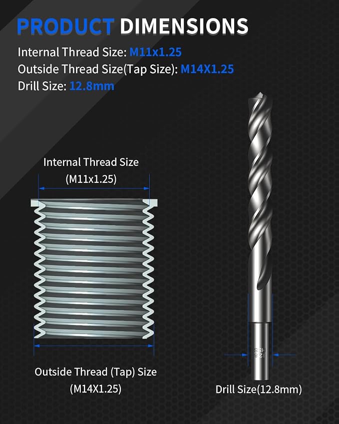 M11x1.25 Metric Thread Repair Kit, with HSS Drill, HSS Tap, Counterbore, Installation Driver, M11x1.25MM 10 pcs 304 Stainless Steel Inserts (28.2mm Length)