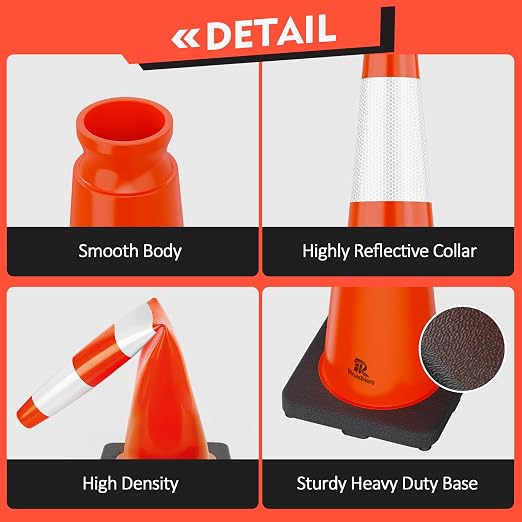 RoadHero 4 Pack Traffic Safety Cones 36 Inch with Black Weighted Base, Plastic PVC Cone, Orange Cones with Reflective Collar, Cones for Parking Lot, Construction Events, Road Safety