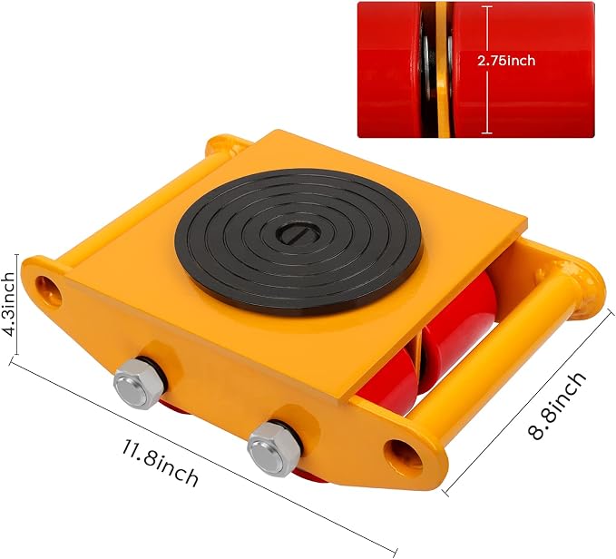 6T Heavy Duty Machine Dolly Skate with 360° Rotation Cap | for Industrial Moving Equipment, Yellow Carbon Steel PU Rollers, 13200lbs, 1pc