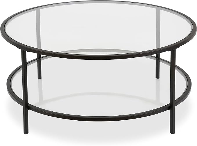 Henn&Hart 36" Wide Round Coffee Table with Glass Top in Blackened Bronze, Modern coffee tables for living room, studio apartment essentials