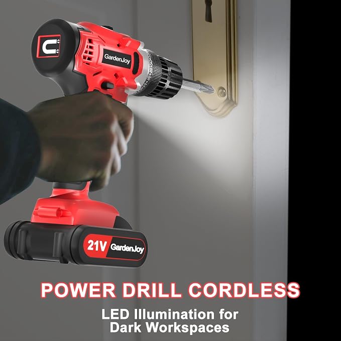 GardenJoy 20v Cordless Drill Set, Power Electric Kit 2 Batteries With Charger 30Nm 2 Speed 3/8" Keyless Chuck 24+1 Torque Drill Driver Screwdriver Bits with LED Electric Work Light for Men DIY