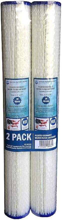 WFD, WF-PE2020 2.5-inch x 20-inch Pleated Sediment Water Filter Cartridge, fits in 20-inch standard size housings of filtration systems (2 Pack, 20 Micron)