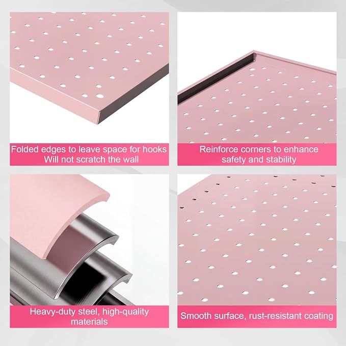 3 Pcs 24”×16”Metal Pegboard Panels, Heavy Duty Peg Boards with Hooks, Steel Organization Panels for Garden Tool Storage, Walls Home, Office, Pink