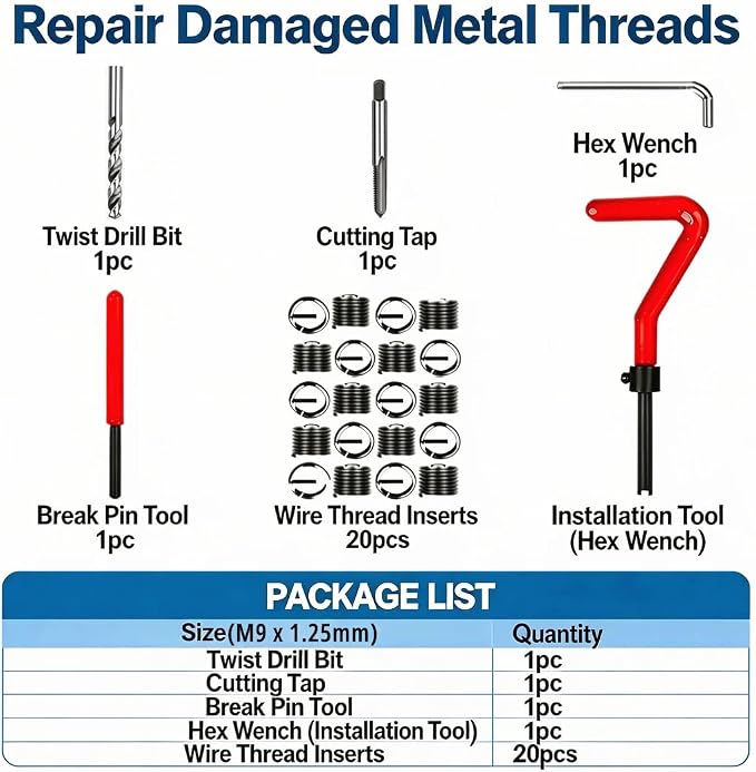 M9 X 1.25 Thread Repair Kit, Metric Helicoil Kit with HSS Drill Bit, 20PC Wire Thread Inserts