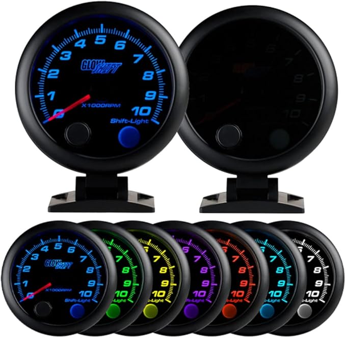 GlowShift Tinted 7 Color 10,000 RPM On-Dash Tachometer Gauge - for 1-10 Cylinder Gas Powered Engines - Includes Shift Light & Wiring - Multi-Color Display - Black Dial - Smoked Lens - 3-3/4" 95mm