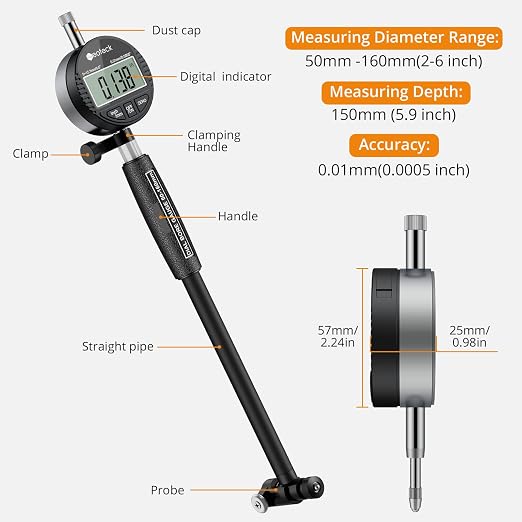 Neoteck Bore Gauge Set Digital Indicator Dial Bore Gauge (2-6"/0.0005") with Self-Centering Dial,Carbide Anvils, Insulated Grips for Deep Engine Cylinder Measurement-Black