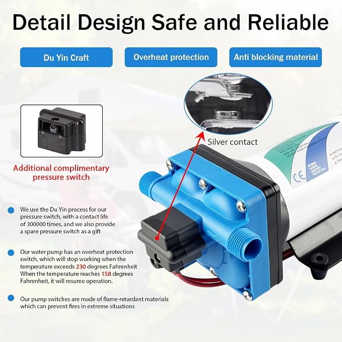 12V DC electric high-pressure self-priming diaphragm pump, Equipped with pressure switch，5.5GPM, 70Psi, for RV Marine Yacht Lawn Garden