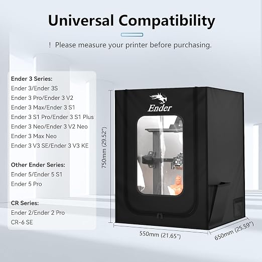 Creality Official 3D Printer Enclosure with Fan Interface, 550 * 650 * 750mm Fireproof Dustproof Constant Temperature Protective Cover for Creality Hi/Ender 3 V3/3 V3 SE/3 V3 KE/Ender 3 S1/3 S1 Pro