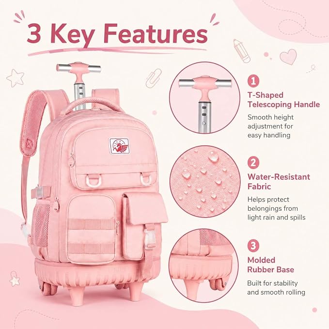CCJPX Rolling Backpack for Girls Women, 21 inch Roller Wheels School Bookbag, Wheeled Suitcase Backpacks with Lunch Bag for Teen - Pink