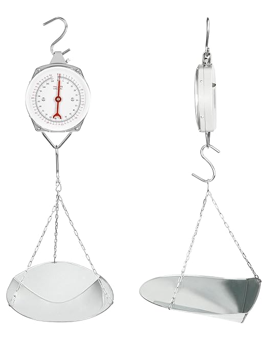 QWORK 110 lbs Large Display Spring Dial Weight Scale & Scale Scoop/Chain with Hanging Cradle, Steel Construction, for Shopping, Traveling, Kitchen, Silver