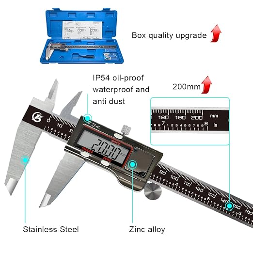 KETOTEK Digital Caliper 8 Inch Caliper IP54 Splash Proof, Measuring Tool with Stainless Steel, Electronic Micrometer LCD Screen, Switch from Inch Metric, Auto-Off for DIY, 3D Printing, Jewelry