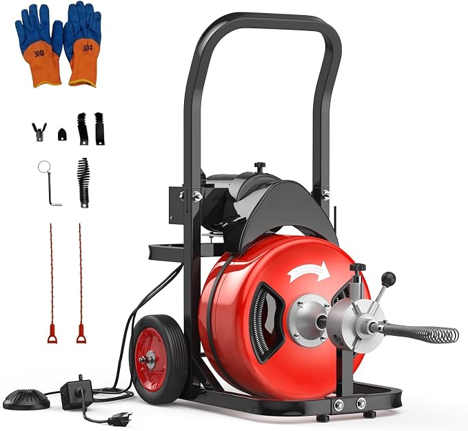 50FT 1/2 Inch Auto Feed Drain Cleaning Machine, Portable Electric Drain Auger with 6 Cutter & Air-Activated Foot Switch, Sewer Snake Drain Cleaner for 1" to 4" Pipes, Red
