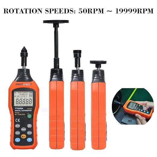 Protmex Digital Tachometer, 50-19999 RPM Contact Tachometer, 100 Groups Data Store Handheld Speed Meter with Backlight, Max/Min/AVG RPM Rotation Speed Gauge, PT6208A (Batteries Included)