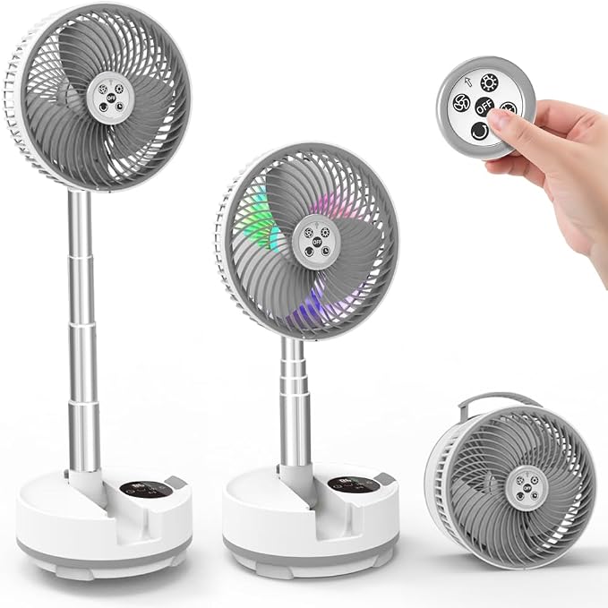 Foldable Oscillating Pedestal Fan with Remote, 8" USB C Rechargeable 20000mah Battery Fan with LED Colorful Lights, Portable Floor Standing Fan Camping Fan for Bedroom Office Travel White
