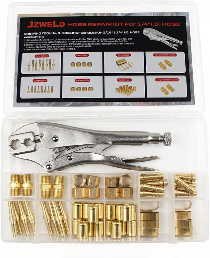 Hose Repair and Assembly Kits, 1/4" ID Torch Hose Repair Parts Kit, Oxygen Acetylene Welding Hose 'B' Size Fittings with Crimper, Welding Hose Repair and Installation Kit