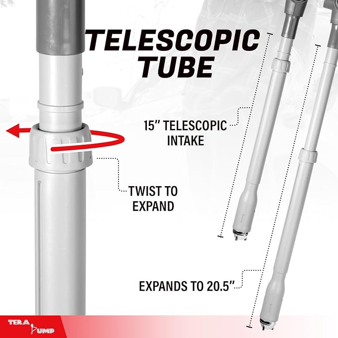 TERA PUMP TRCDM-XL Battery Powered Telescopic Fuel Transfer Pump (2.6GPM) with Flow Control Handle, XL Flexible Discharge Tube, and Metal Impeller for Gasoline, DEF, Diesel, Antifreeze, and Kerosene