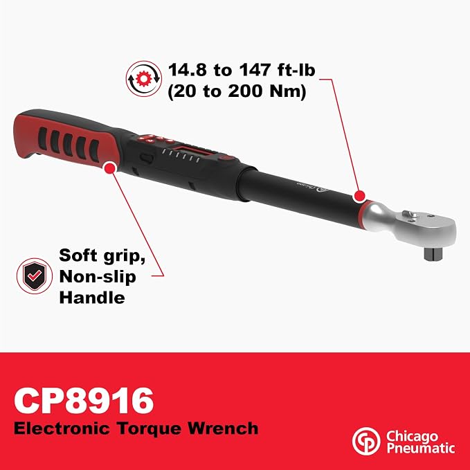 Chicago Pneumatic CP8916-1/2 Inch Digital eTorque Wrench, 15 ft-lb (20 Nm) to 147 ft-lb (200 Nm)