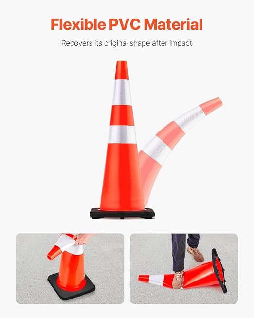 VEVOR Safety Cones, 6 Pack 36" Traffic Cones, PVC Orange Construction Cones with Reflective Collars and Black Weighted Base, for Traffic Control, Driveway Road Parking and School Improvement
