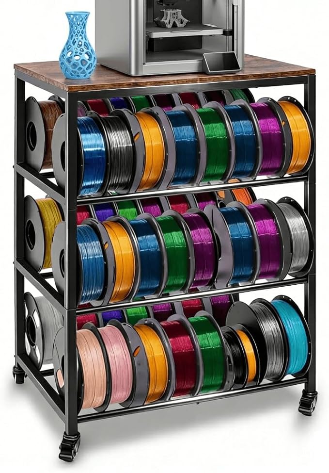 3D Printer Stand with Filament Storage, 4-Tier 3D Printer Table Cart Filament Storage Rack with Wheels, Heavy Duty Metal 3D Printer Desk Shelf for Studio Garage Office Workshop