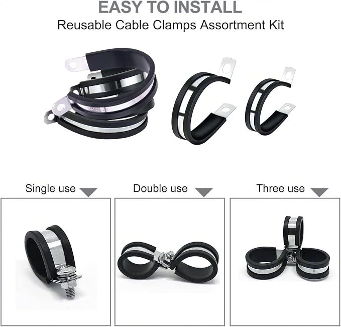 56PCS Large Stainless Steel Rubber Coated Cushioned Insulated Cable Clamps Assortment Kit - Automotive & Pipe Clamps in 7 Sizes - 3/4" to 2"