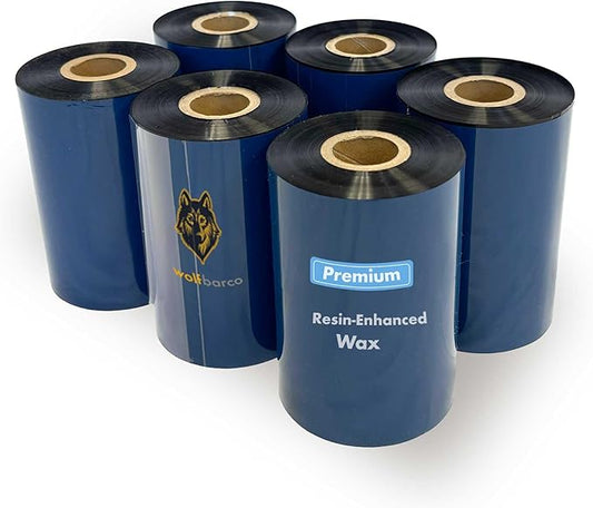 Wolfbarco 6 Rolls 4.33" x 984' 110mm x 300m Premium Resin-Enhanced Wax Ribbon, Black Barcode Thermal Transfer Ribbon 1" Core Ink Outside CSO for Zebra, Printronix, TSC, Godex, Citizen Printers